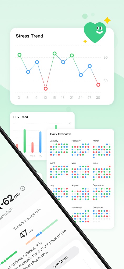 RelaxWatch: Stress&HRV Tracker - ユーザーはストレスのトレンドを示す鮮明な折れ線グラフで心の状態の変化を追跡し、月ごとのHRVデータを色分けしたカレンダー表示で長期的な健康傾向を一目で把握できます。