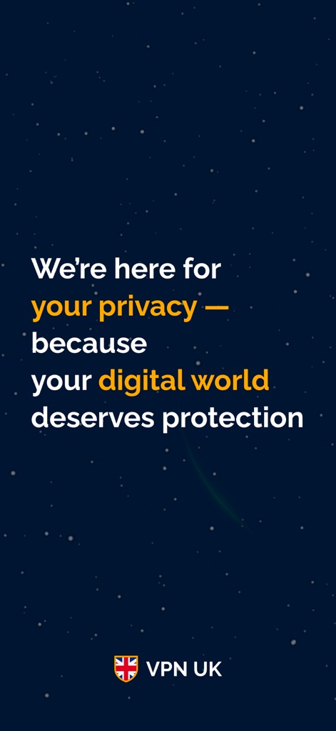 VPN UK - Free VPN and Browser - Dieser Screenshot zeigt die zentrale Botschaft der App zur Datensicherheit, die durch den hervorgehobenen Text "your privacy" und das markante Logo der App im unteren Bereich visuell untermauert wird.