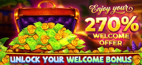 Lavish Luck Casino - This image highlights the app's '270% Welcome Offer,' presenting a chest overflowing with virtual cash and coins to greet new players.