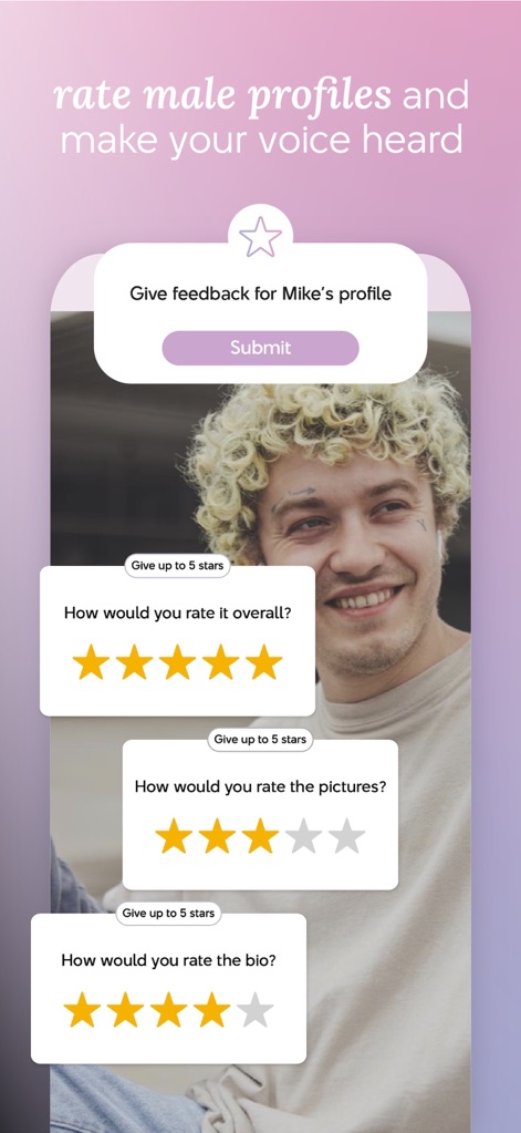 Chyrpe: Female-Led Dating - 男性プロフィールの「全体的な評価」と「写真の評価」を星5段階でフィードバックできる画面が示されており、女性ユーザーがコミュニティ内で自身の声を反映させることが可能です。