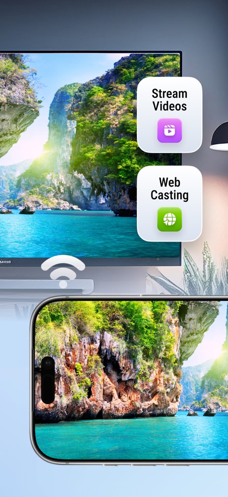 Screen Mirroring · TV Cast - Cet outil permet aux utilisateurs de profiter de leurs médias, avec une option intuitive pour 'Stream Videos' et une fonction pratique de 'Web Casting' pour naviguer sur le web directement depuis la TV.