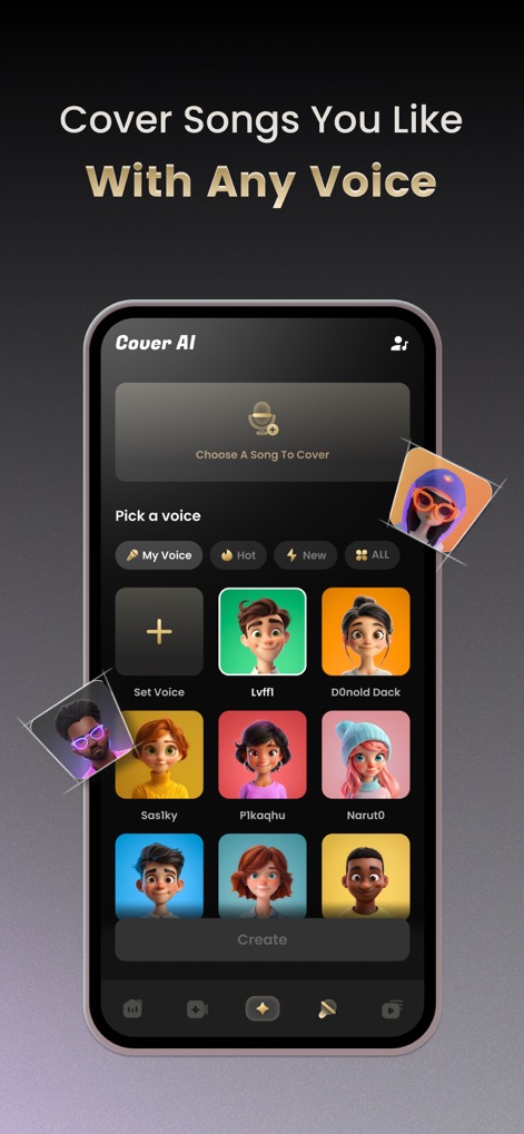 Music AI - MV Video Generator - Users can choose any song to cover and select from a rich library of AI voices, such as "Sastky" or "Pikaqhu", to personalize their tracks.