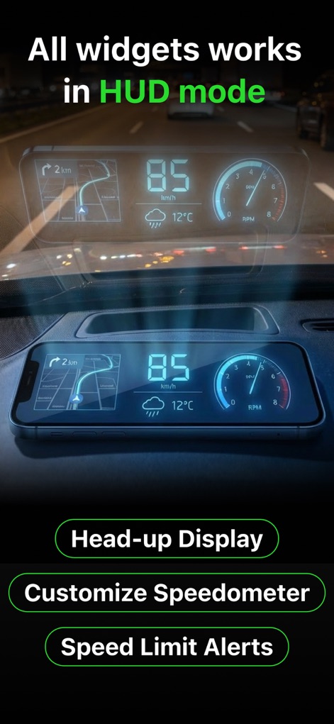 myCar: Key Connect & Dashboard - ドライビング中に重要な情報を前面に投影。ヘッドアップディスプレイ（HUD）機能により、ユーザーは現在のデジタル速度計（85 km/h）と外気温を安全に把握できます。
