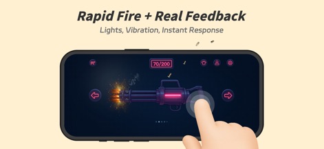 BangBang:Watch & Phone Gun Sim - Observe the app's dynamic rapid-fire visuals and instant feedback, showcasing vibrant firing effects and interactive screen elements like the bullet counter.