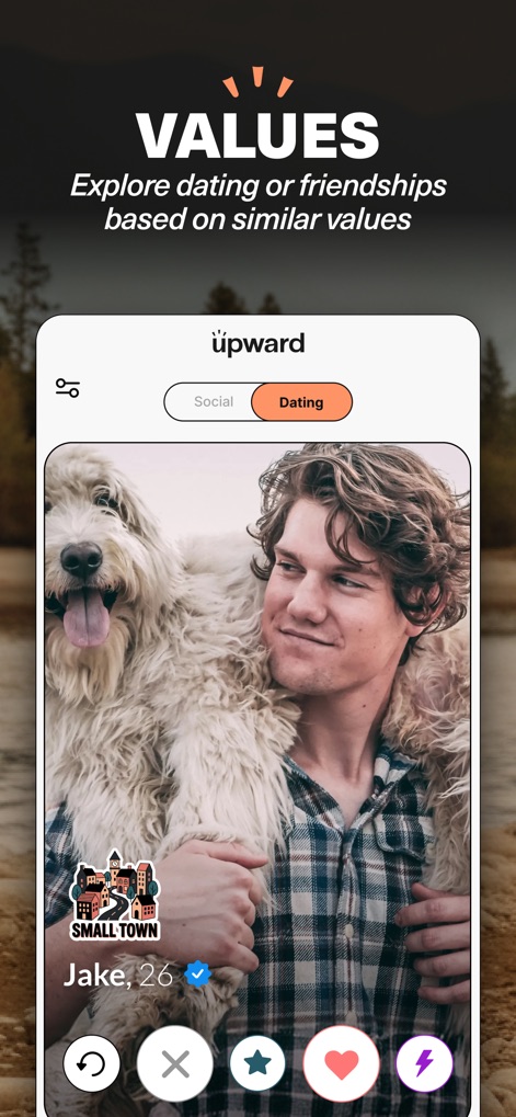 Upward: Dating for Christians - The app enables users to discover compatible partners by emphasizing "VALUES" as a core principle and presenting detailed profiles such as "Jake, 26" for informed decisions.