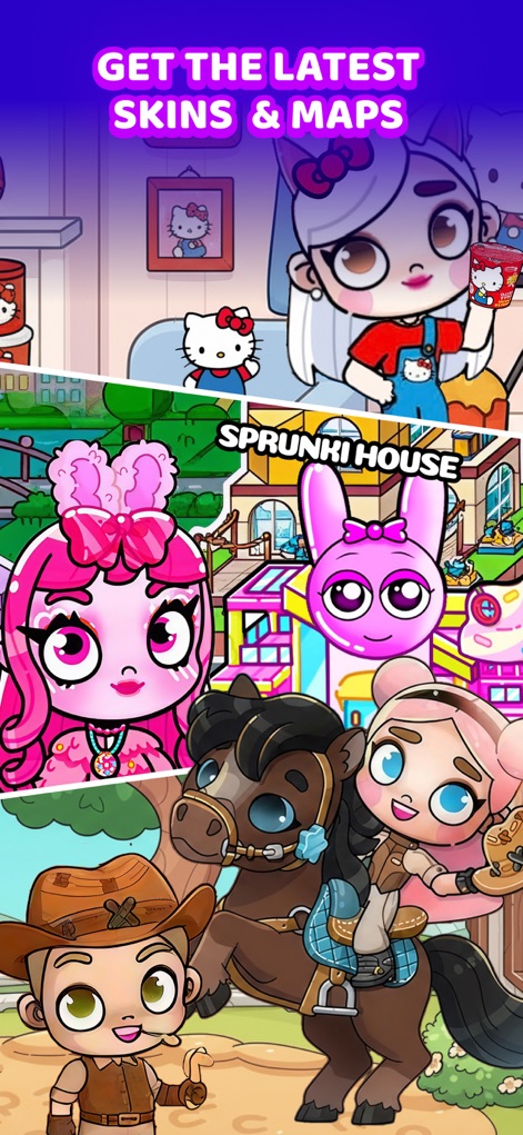 Avatar World - Cute Life Mods - The app showcases a variety of aesthetic possibilities, from cozy 'Hello Kitty' themed interiors and unique 'SPRUNKI HOUSE' map concepts to outdoor adventure scenes with characters and horses.