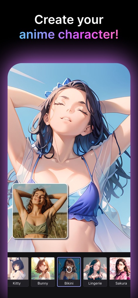MyEdit: AI Photo Generator - O aplicativo oferece a capacidade de criar personagens de anime a partir de fotos, com opções de personalização que incluem a seleção de estilos de vestuário como 'Bikini' e 'Lingerie'.