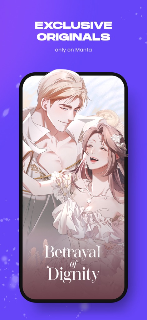 Manta - Manhwa, Comics, Novels - Witness the app's commitment to unique content, featuring a full-screen view of the exclusive title "Betrayal of Dignity" and emphasizing its availability only on Manta.