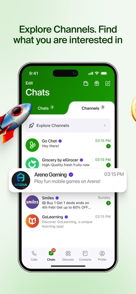 GoChat Messenger - Nutzer können hier die 'Kanäle'-Funktion der App erkunden, die eine Vielzahl von Interessensgebieten wie 'Arena Gaming' und 'GoLearning' für eine engagierte Community bietet.