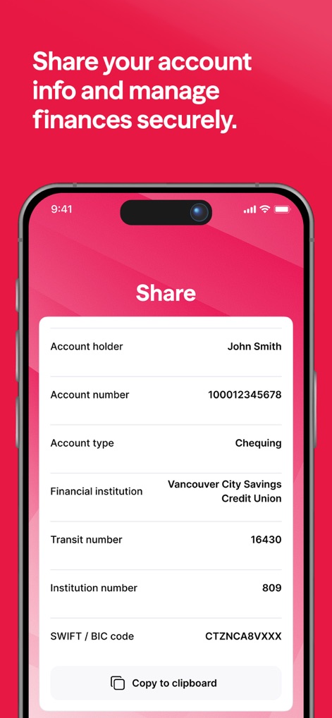 Vancity - Diese Ansicht ermöglicht das sichere Teilen von Kontoinformationen, wobei wichtige Details wie der „Kontoinhaber“ und der „SWIFT / BIC-Code“ sowie die „Copy to clipboard“-Funktion für einfache Weitergabe dargestellt werden.