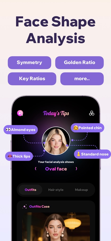 Prookie: Hair AI Hairstyle app - Esta herramienta ofrece un análisis facial exhaustivo que incluye detalles como 'Ojos Almendrados' y 'Labios Gruesos', junto con métricas avanzadas como la simetría y la proporción áurea para un perfil completo.