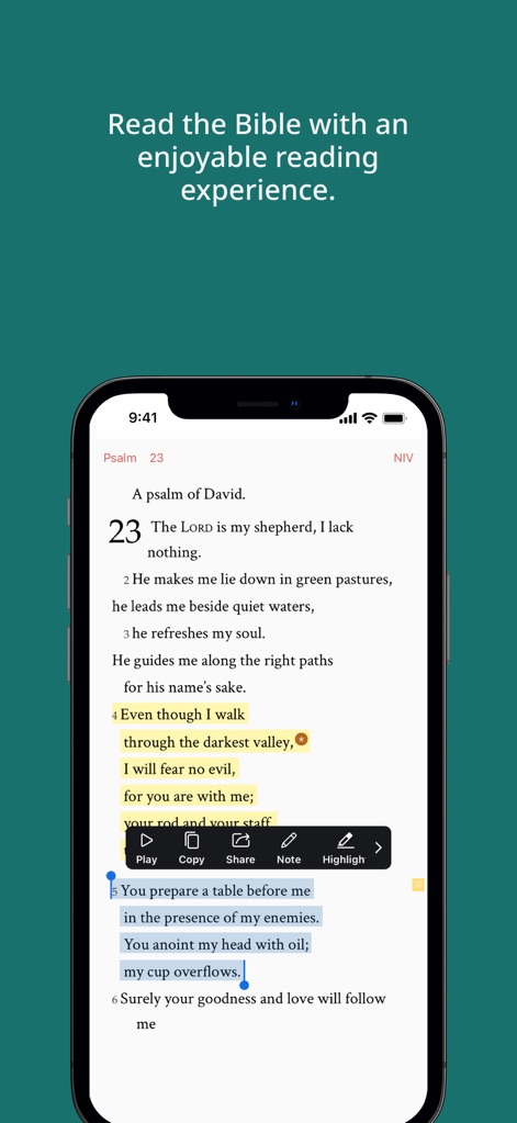 WeDevote Bible 微读圣经 - Esta captura destaca la interfaz de lectura limpia del Salmo 23, donde los usuarios pueden interactuar con el texto resaltando versículos o utilizando las herramientas de "Note" y "Share".