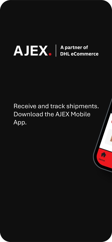 AJEX ايجكس - The app's introduction screen prominently displays the AJEX brand, identifying it as a partner of DHL eCommerce, and clearly states its core functionality: enabling users to receive and track shipments.