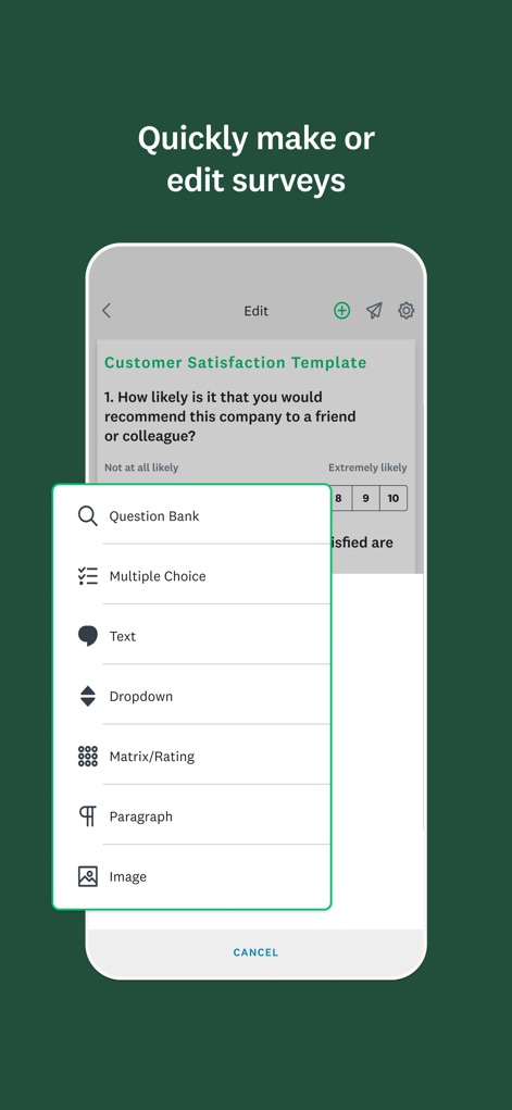 SurveyMonkey - Users can easily customize surveys by choosing from a variety of question types like "Multiple Choice" or adding an "Image".