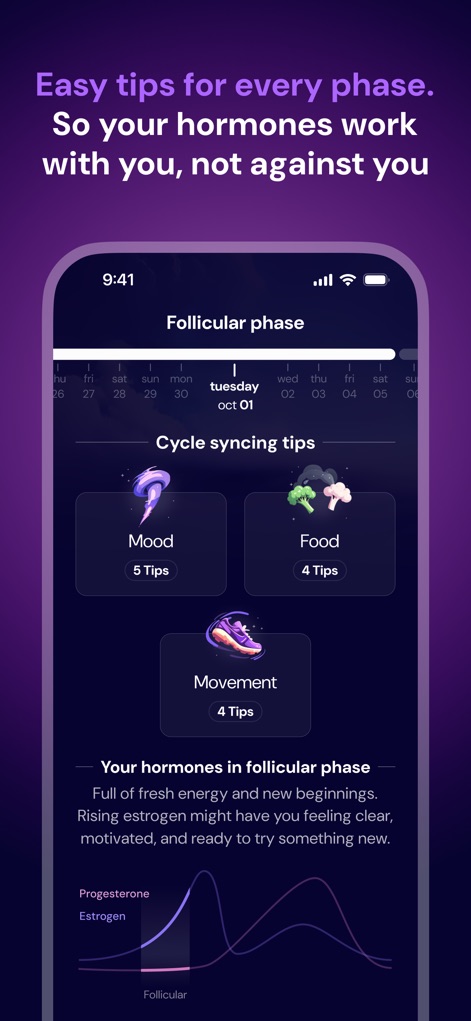 Musa: Period & Pregnancy - Access actionable cycle syncing tips for Mood, Food, and Movement, alongside clear hormonal graphs to guide your wellness journey.