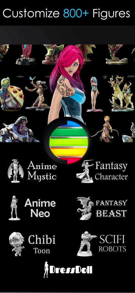 ColorMinis 3D Coloring Studio - Découvrez un catalogue impressionnant de plus de 800 figurines issues des univers anime et fantastiques, organisées en catégories variées pour une exploration inspirante.