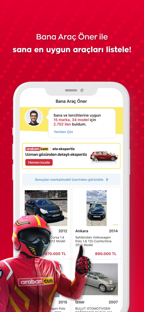 arabam.com - Die Funktion 'Bana Araç Öner' liefert personalisierte Empfehlungen, indem sie '2.702 ilan' für bestimmte Modelle findet und visuell ansprechende Fahrzeugbilder präsentiert.