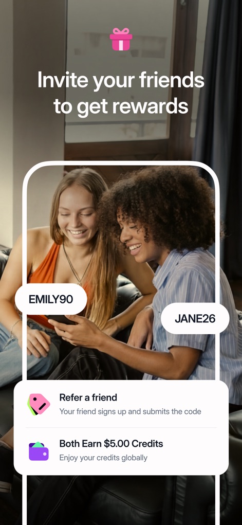 Roamless: eSIM Travel Internet - This screen highlights the app's rewarding referral program, demonstrating how users can invite friends and both earn bonus credits through a straightforward process.