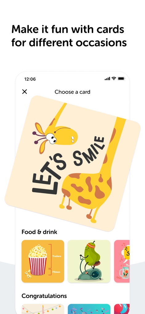 Swish payments - Users can personalize their payments, as shown by the 'Choose a card' interface and diverse card categories like 'Food & drink' and 'Congratulations'.