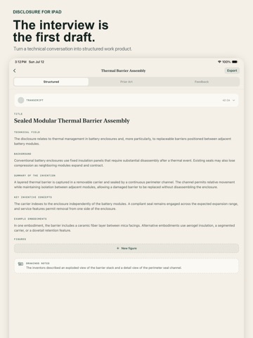 Disclosure: Patent AI Scribe iPad screenshot