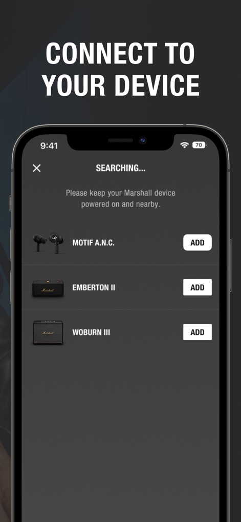 Marshall Bluetooth - Die App ermöglicht das einfache Hinzufügen neuer Marshall-Geräte, indem sie verfügbare Produkte (z.B. Motif A.N.C. oder Woburn III) in einer übersichtlichen Liste anzeigt.
