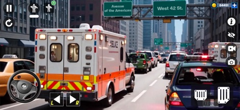 Ambulance Rescue Duty Game 3d - Navigate challenging urban environments as the ambulance rushes through 'city traffic', guided by clear 'street signs' and responsive on-screen driving controls.