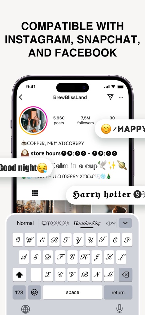 Fonts – - Observe the app's integrated fancy text keyboard, allowing users to inject unique flair into their social media posts within an Instagram-like interface.