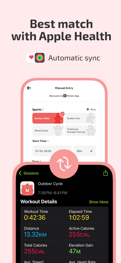 Fito: Fitness Streak, Calorie - The app offers automatic data synchronization with Apple Health and provides detailed workout summary screens including distance and active calories burned.