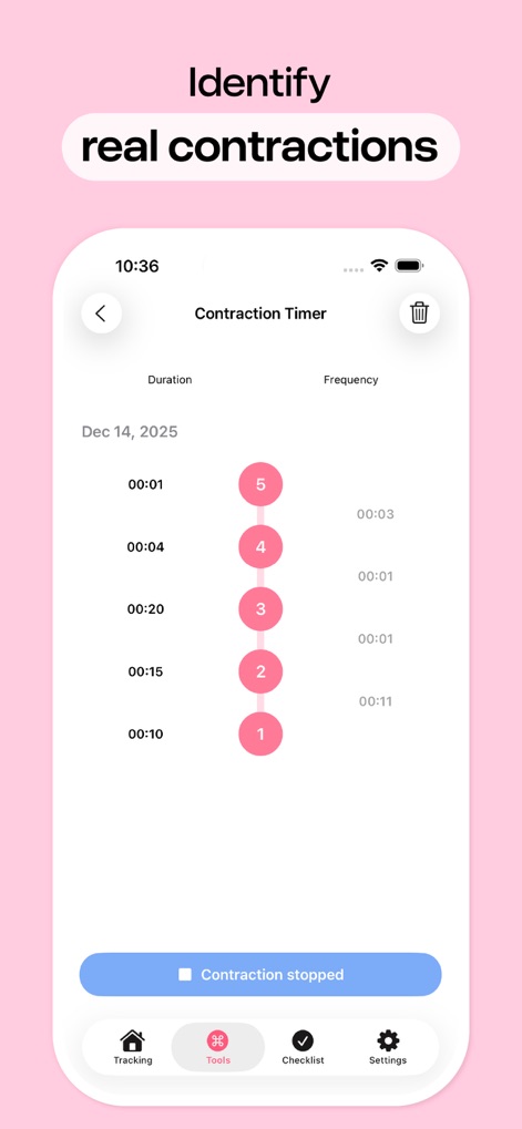 Pregnancy Tracker, Due Date - The Contraction Timer provides a detailed log, displaying both the 'Duration' and 'Frequency' of each contraction to help users identify labor patterns.