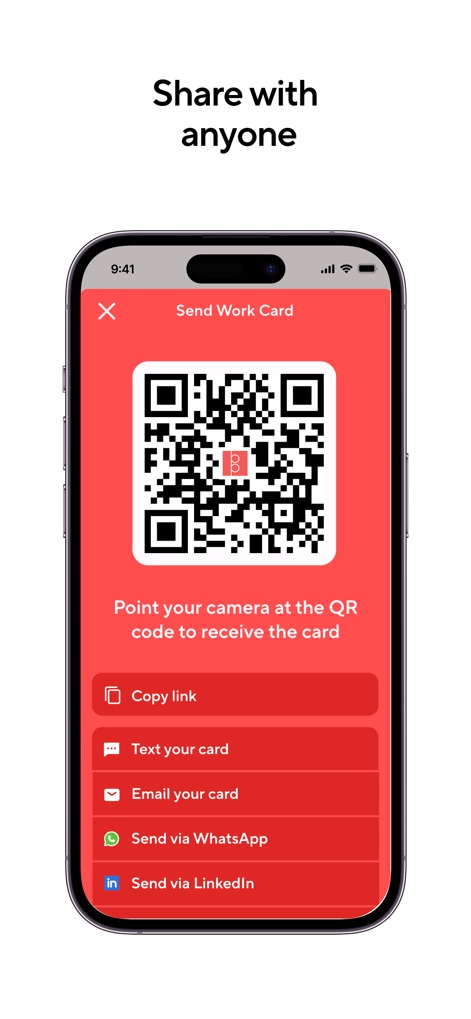 Blinq: Digital Business Card - The app provides diverse sharing capabilities, from direct QR code scanning to multiple integrated social and messaging platforms like WhatsApp and LinkedIn.