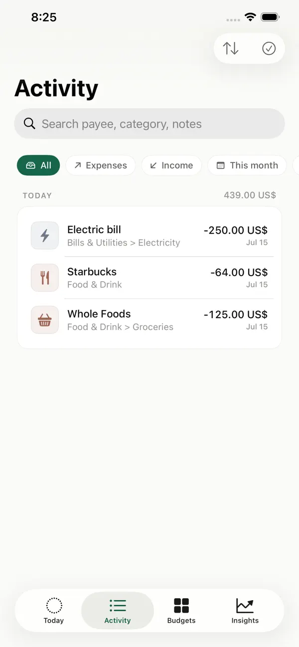 Jot activity screen for reviewing expenses and income