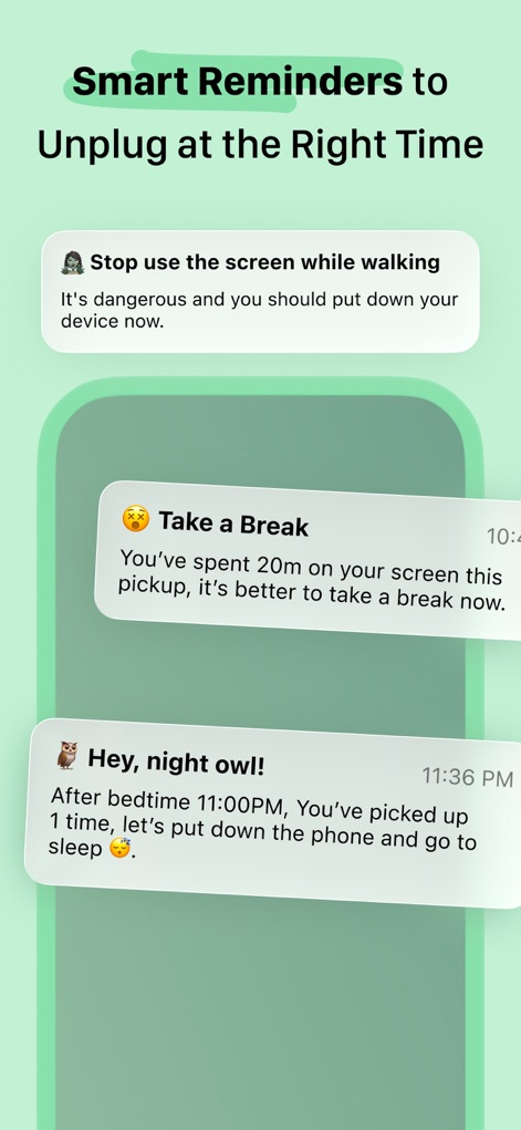 OffScreen: Screen Time Control - 歩行中の使用停止警告や、休憩を促す通知など、スマートなリマインダー機能がユーザーに適切なタイミングでデジタルデトックスを提案します。
