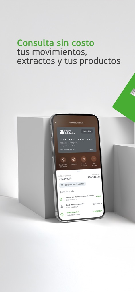 Banco Falabella Colombia - Los usuarios pueden monitorear sus finanzas fácilmente, con la visualización del "Saldo disponible" y la opción de "Filtra tus movimientos" para una gestión detallada.
