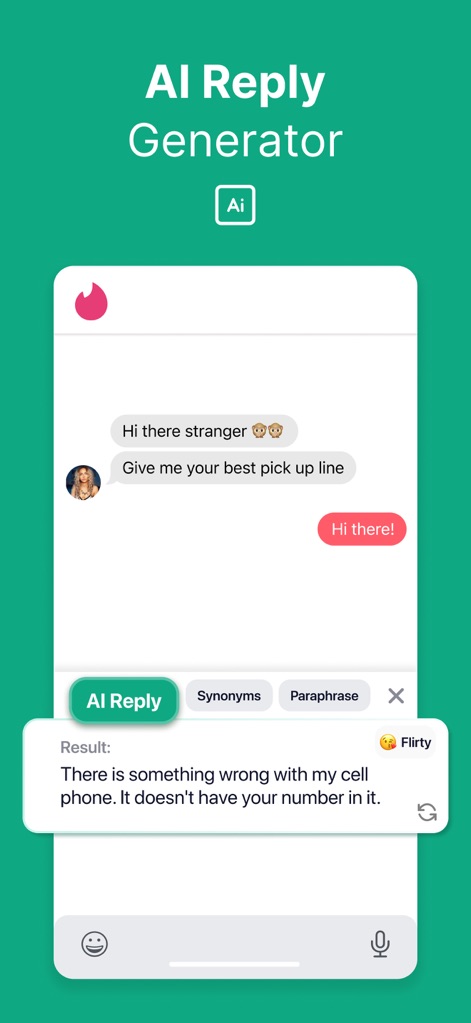 TypeAI: AI Keyboard & Writer - The app generates context-aware replies for chat platforms, offering a "Flirty" suggestion and the prominent 'AI Reply' button.