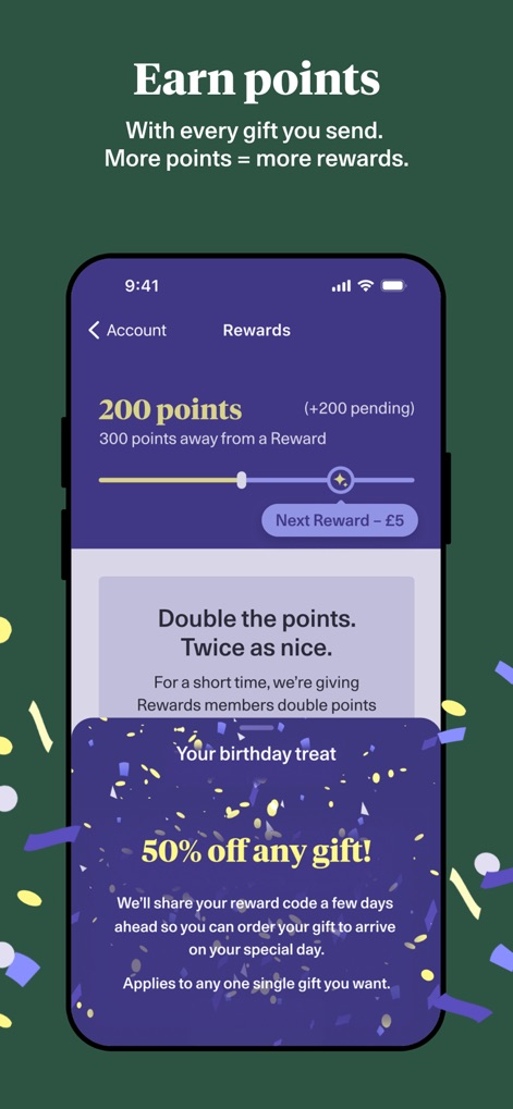 Bloom & Wild - Flowers & Gifts - The app incentivizes users through a robust points-based reward system, prominently displaying accumulated points and offering exclusive app-only benefits like discount percentages.