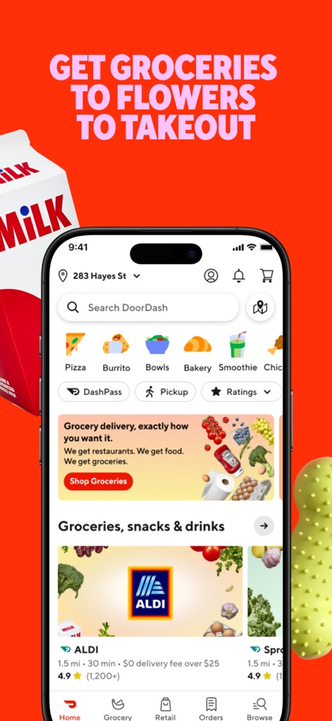 DoorDash: Food, Grocery, More - Users can effortlessly browse through diverse offerings using the intuitive search bar and readily access options from grocery partners like ALDI.