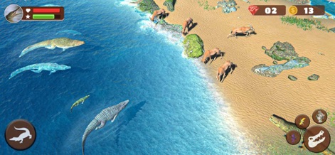 Wild Crocodile Family Sim - Desde una perspectiva aérea, la aplicación revela un vasto entorno de mundo abierto donde se observan múltiples cocodrilos nadando y acechando, junto a un grupo de gacelas que pastan en la orilla, mostrando la escala y diversidad de la vida salvaje.