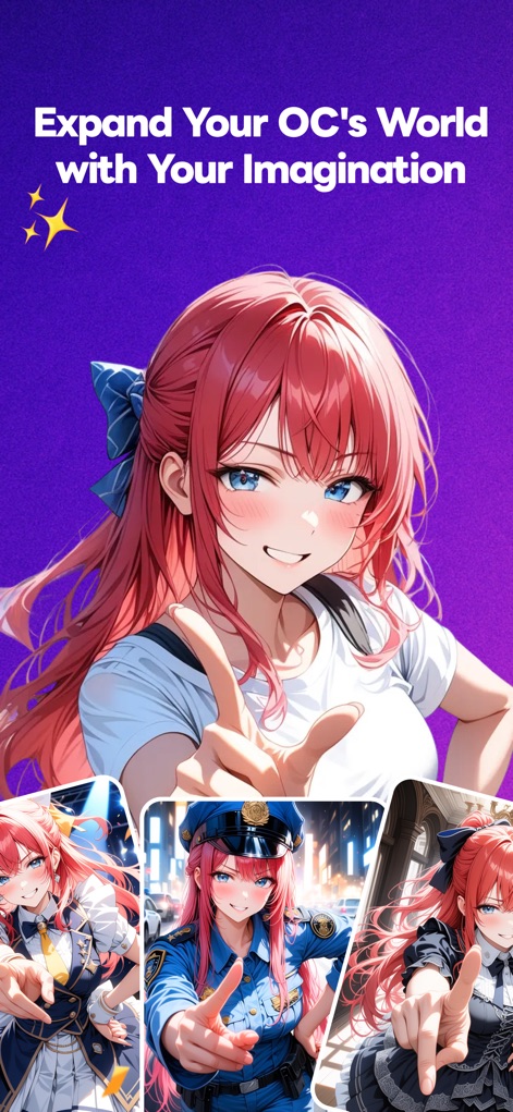 Days AI - AI Art & OC Creator - Die kreative Bandbreite der App wird durch eine rothaarige Anime-Figur in verschiedenen Outfits, von einer Polizistin bis zu einer Maid, sowie durch ihre dynamische Pose und ihren ausdrucksstarken Blick demonstriert.