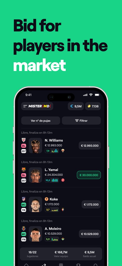 BEMANAGER - Fantasy Soccer - L'application permet aux utilisateurs de naviguer un marché des transferts dynamique où ils peuvent identifier des joueurs clés comme L. Yamal et N. Williams, avec des prix d'achat clairement affichés et des enchères en cours.