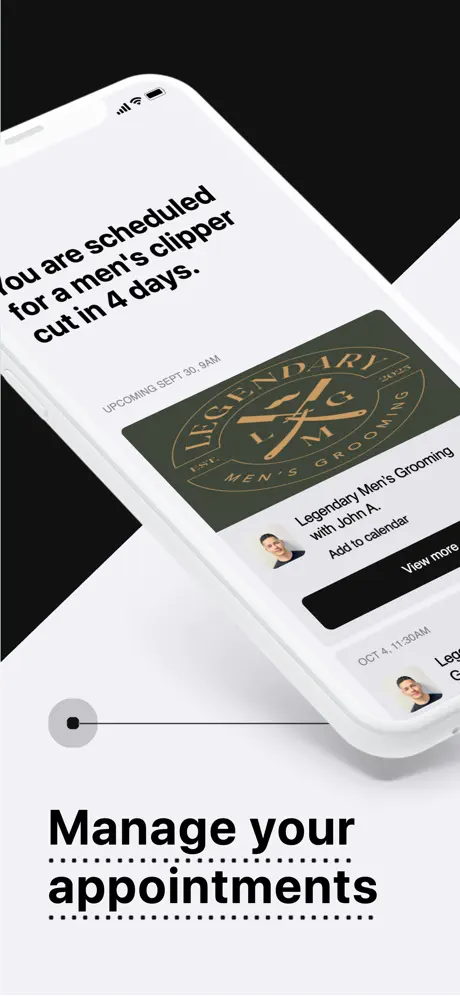 Legendary Men's Grooming app — booking screen