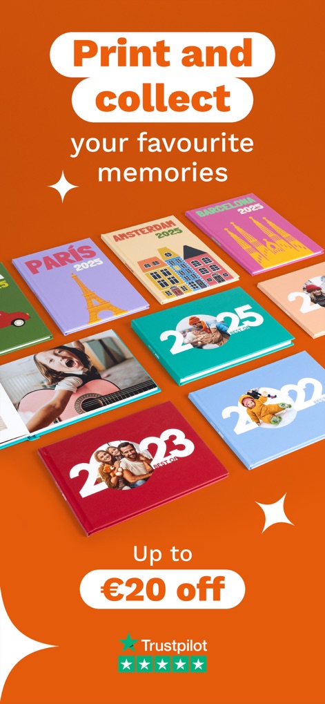 PhotoSi: Photobooks and prints - The app showcases a diverse range of customized photo books with various designs and prominently displays enticing offers like the 'Up to €20 off' promotion.