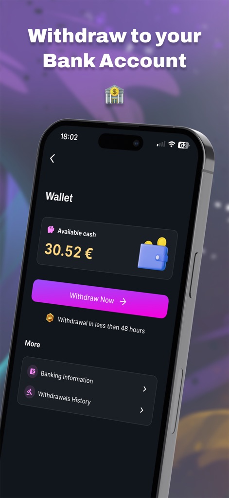 Winerz - The wallet interface reveals the "Available cash" balance and the "Withdraw Now" functionality, assuring users of convenient access to their winnings within a 48-hour timeframe.