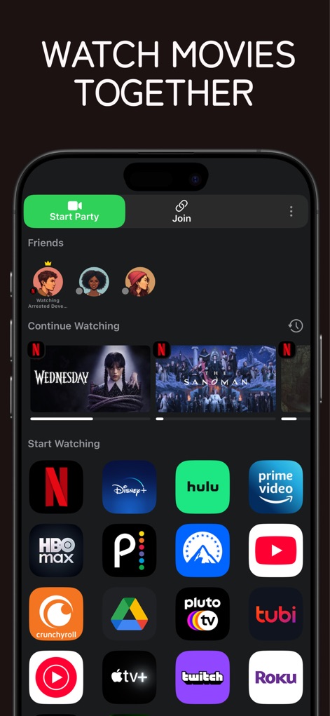Hearo - Watch Together - The app's intuitive interface features prominent "Start Party" and "Join" buttons, providing instant access to a vast selection of integrated streaming services for group viewing.