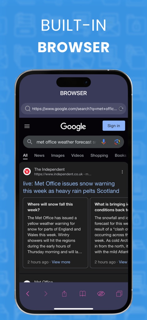 File Manager & Documents - Explore the seamless built-in browser, enabling direct downloads and secure web browsing with accessible navigation controls and an intuitive search bar.