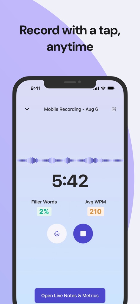 Read AI: Transcripts and Notes - A interface de gravação em tempo real mostra a representação visual de áudio através de uma forma de onda e métricas importantes como "Filler Words" e "Avg WPM" para aprimorar a comunicação.