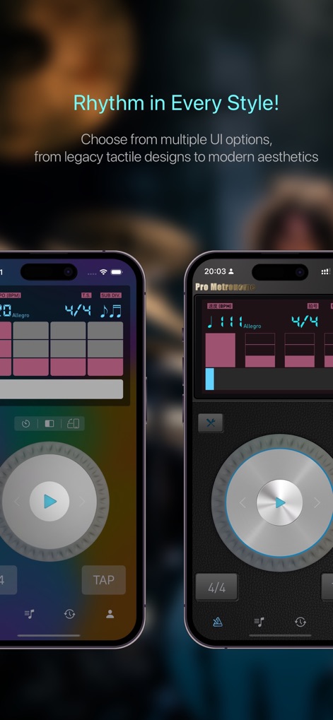 Pro Metronome - Tempo & Tuner - Users can personalize their experience with multiple UI options, showcasing both a modern aesthetic and a classic, tactile design.