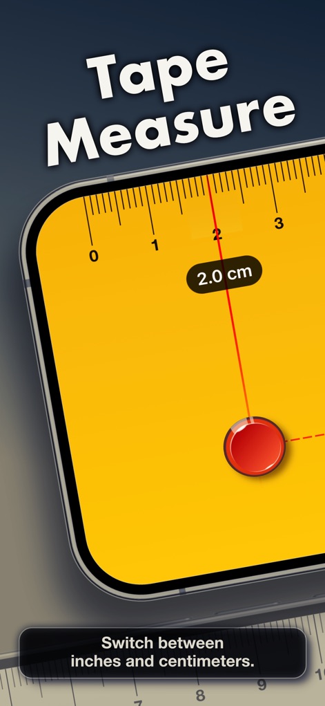 Ruler, Measuring Tape - AR App - 이 도구는 디지털 눈금자 인터페이스를 통해 물체를 정밀하게 측정하며, 사용자는 2.0cm와 같은 정확한 측정값을 확인할 수 있습니다.