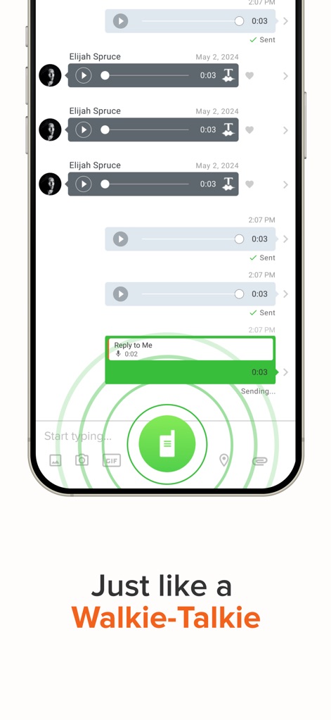 Voxer Walkie Talkie Messenger - Experience the seamless "Walkie-Talkie" functionality, characterized by the central push-to-talk button and clear voice message playback controls.