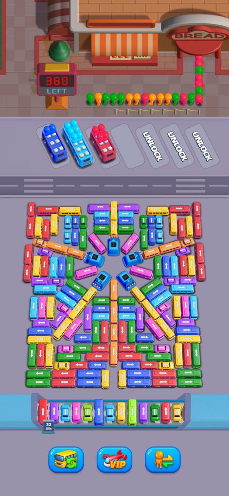 Bus Go - Car Jam,Bus Games - Observe the intuitive interface displaying the "360 LEFT" counter for remaining moves and the initial passenger queue awaiting their buses at the bread shop.