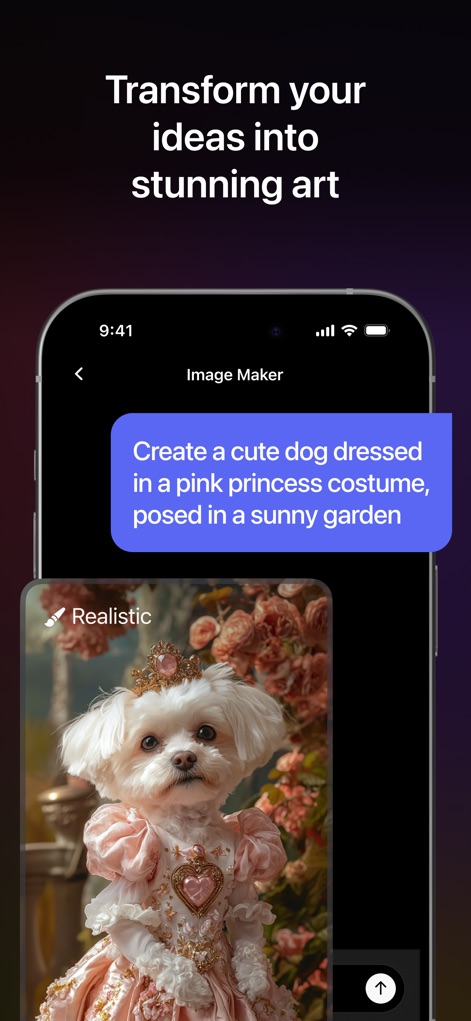 AI Chatbot: Pixi - This tool transforms textual prompts into stunning art, showcasing a 'realistic' generated image of a dog in a princess costume.